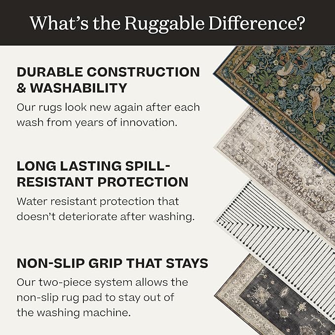 RUGGABLE Washable Vintage Area Rug – Verena Dark Wood 4x6, Stain-Resistant, Non-Slip – Medium Machine Washable Rugs for Living Room, Bedroom, Hallway, Entryway & Office–with Standard Pad