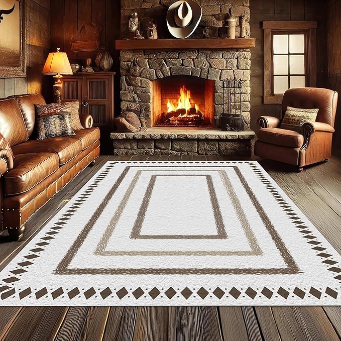 Moroccan Farmhouse Area Rugs 7x10ft, Neutral Geometric Pattern in Off-White Rug, Low Pile Machine Washable & Non-Slip Soft Carpet for Living Room, Bedroom & Dining Room