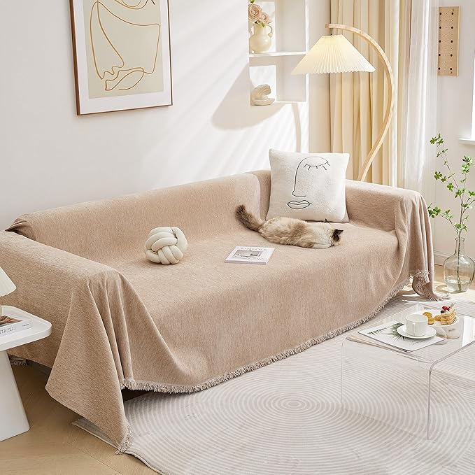 MEETSKY Couch Covers for 3 Cushion Couch Sofa, Oversized Sofa Slipcover for Sectional L Shape, Khaki Jacquard Sofa Slipcover with Tassel, 71"x 150"