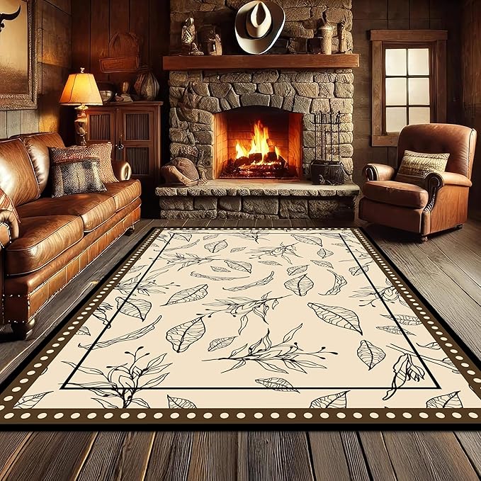 Medieval French Style Area Rugs 6x8ft, Off-White Botanical Leaf Pattern Rug, Low Pile Carpet, Washable & Non-Slip for Living Room, Bedroom, Dining Room, Dorm