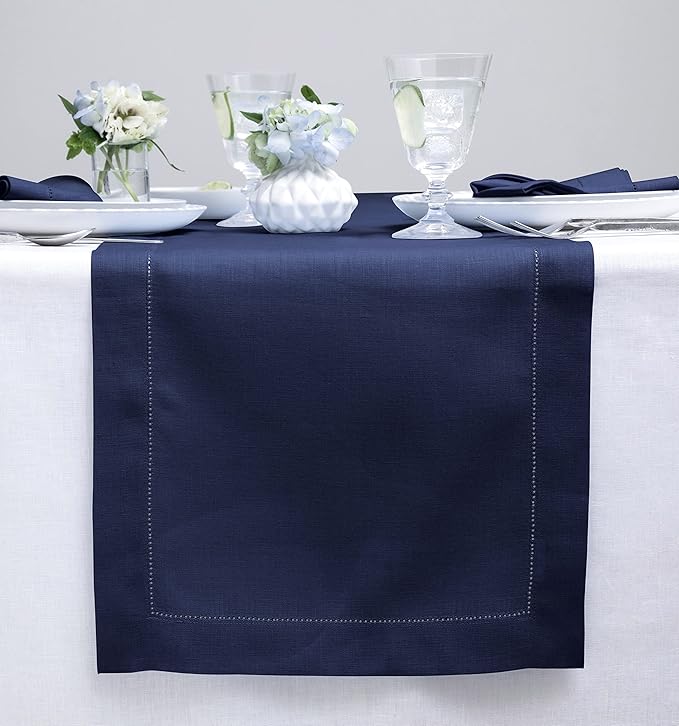 Solino Home Linen Navy Blue Table Runner 108 Inches Long - 100% Pure Linen 14 x 108 Inch Table Runner for Christmas, New Year - Classic Hemstitch