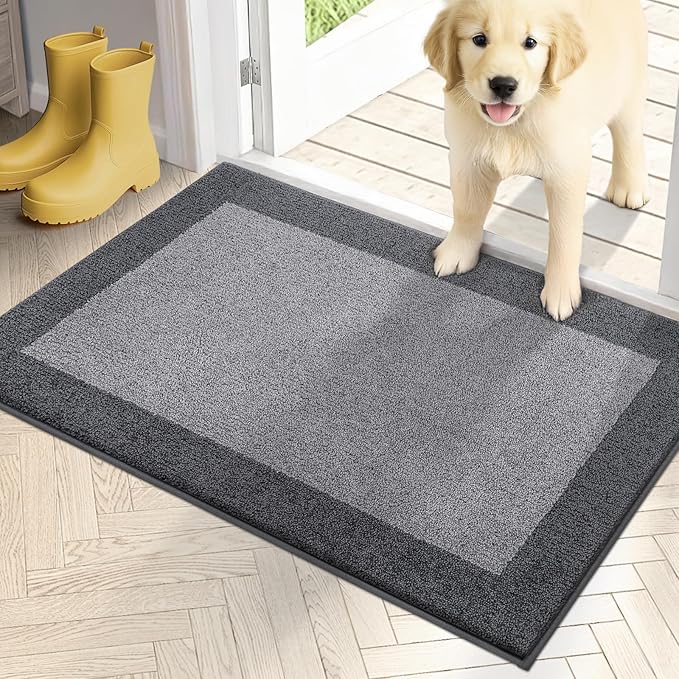 PURRUGS Dirt Trapping Door Mat 20" x 32", Non-Slip/Skid Machine Washable Entryway Rug, Shoes Scraper, Throw Rug, Super Absorbent Area Rug for Muddy Wet Shoes and Paws, Light Grey & Grey