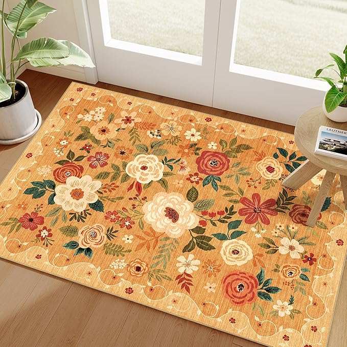 DUKINO 2x3 Rugs for Entryway, Floral Indoor Washable Door Mat, Non Slip Boho Small Rug for Kitchen, Soft Low Pile Front Door Throw Rug for Entrance, Bedroom, Kitchen, Laundry, Bathroom, Orange