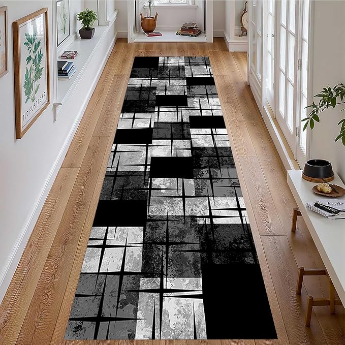 Distressed Checkered Runner Rugs, 4x10ft, Washable Runner Rug with Rubber Backing, Soft Vintage Geometric Black Grey Floor Carpet for Front Door Home Office