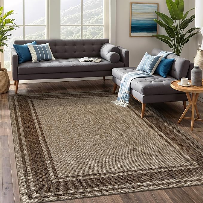 Beverly Rug Large Outdoor Rug 10x14 Modern Bordered Area Rugs for Indoor and Outdoor Patio Deck Porch Garden Waterproof Weather Sun Resistant Washable Outside Carpet (10 x 14 Jute)