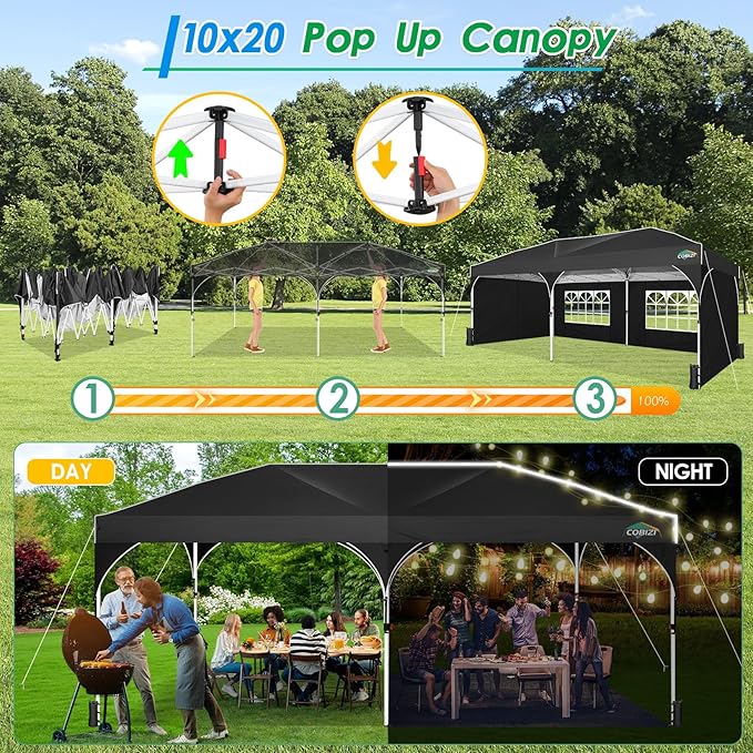 COBIZI 10x20 Pop up Canopy Tent with 4 Sidewalls Outdoor Canopy Tent for Party with Push Center Lock & Air Vent, 2000mm+Waterproof Gazebo Canopy UPF 50+with 4 Sandbags,12 Stakes & 6 Ropes,Black