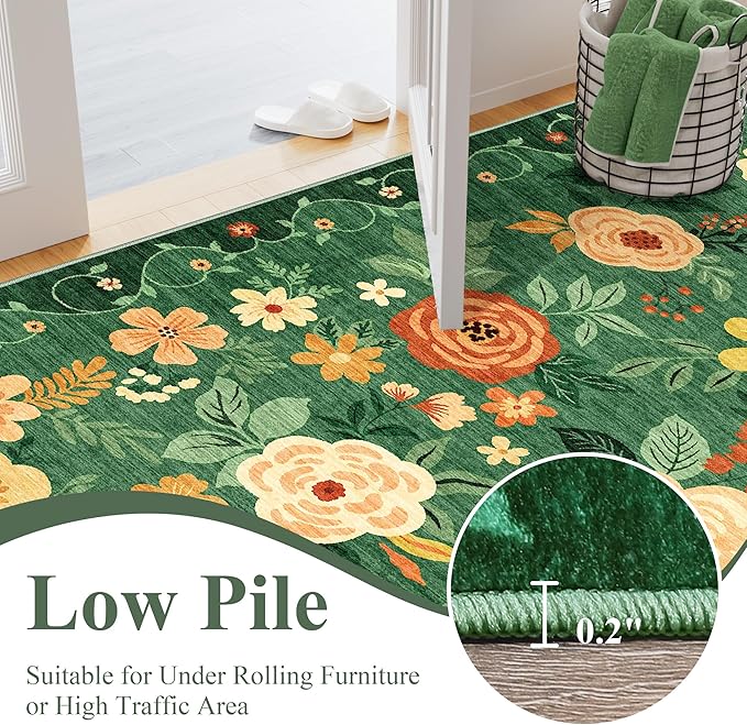 DUKINO 2x5 Runner Rug for Hallway, Washable Kitchen Floral Runner Rug with Non Slip Backing, Low Pile Soft Boho Carpet for Kitchen, Hallway, Entryway, Laundry, Bedroom, Dark Green
