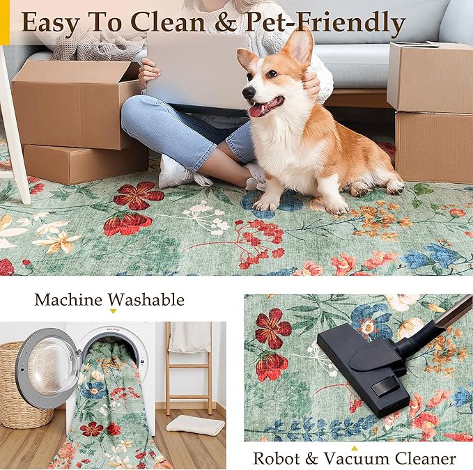 Floral Runner Rug 2x8 Washable Hallway Long Green Bedroom Carpet Non Slip Indoor Boho Kitchen Low Pile Accent Rug Lightweight Soft for Bathroom Dining Laundry Living Room