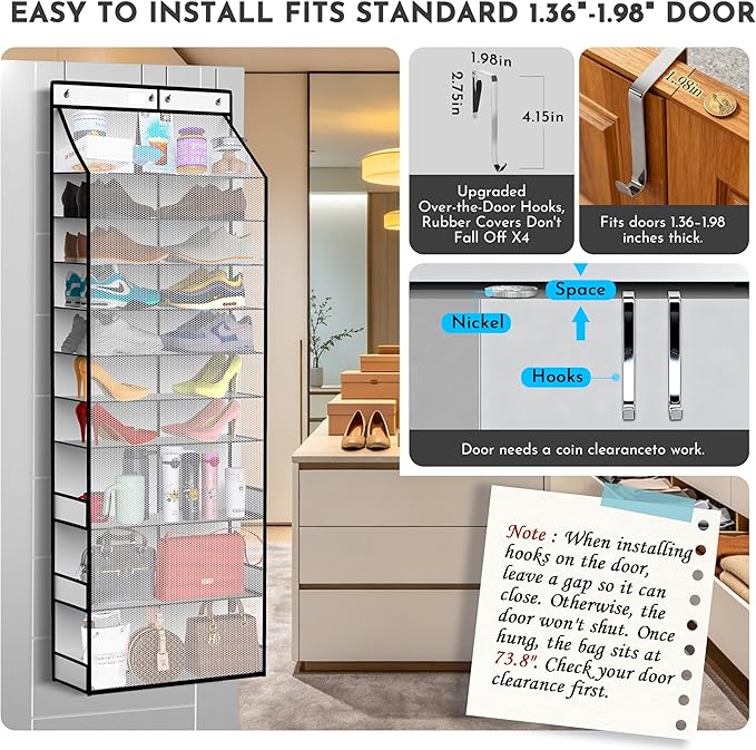 PAULONE Over the Door Organizer Heavy Duty – 96 Lbs Capacity 20 Pair Shoe Rack with Multi-Size Pockets Fits Tall Boots up to 11.8", Breathable Mesh, Metal Hooks – Also for Bags, Toys, Toiletries