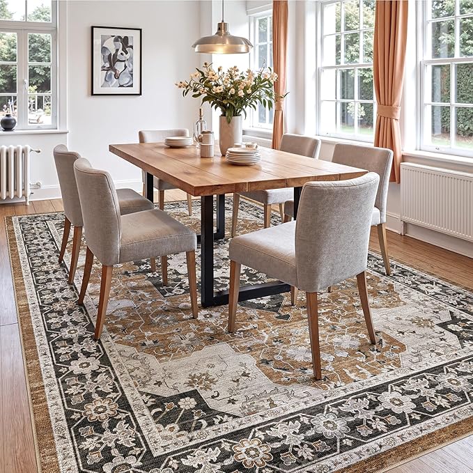 DEXI 8x10 Area Rug for Living Room, Washable Vintage Farmhouse Thin Rug Indoor Floor, Non Slip Stain Resistant Low Pile Carpet for Dining Room Bedroom Office, Brown