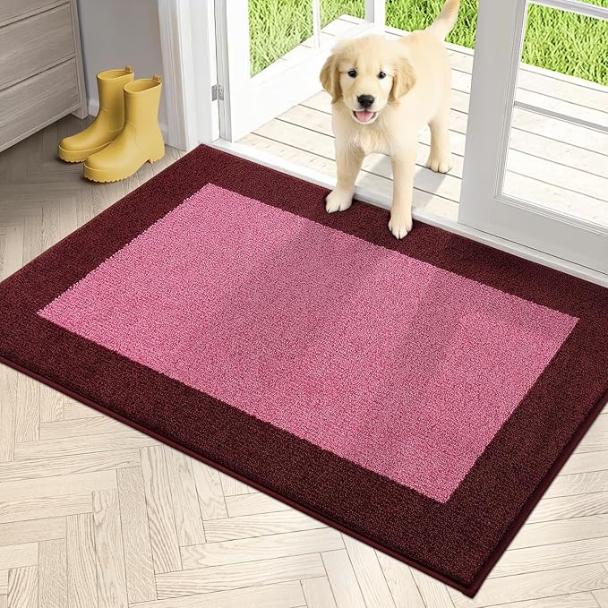 PURRUGS Dirt Trapping Door Mat 32" x 48", Non-Slip/Skid Machine Washable Entryway Rug, Shoes Scraper, Throw Rug, Super Absorbent Area Rug for Muddy Wet Shoes and Paws, Pink & Burgundy Red