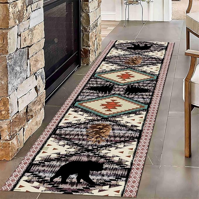 Wild Animal Runner Rug, 2x7ft, Bohemian Southwestern Country Hallway Rug, Bear Pine Cone Long Runner, Comfortable Breathable Vintage for Kitchen Dining Room Office