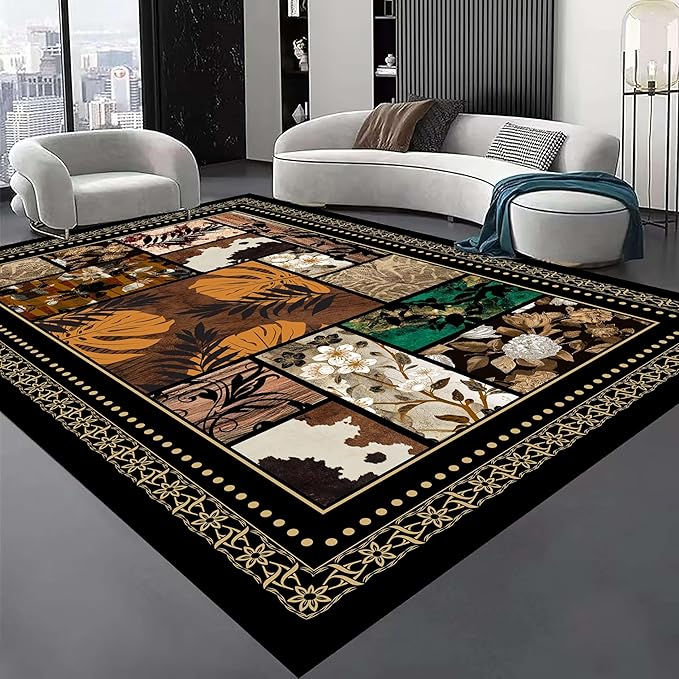 Floral Tropical Patchwork Area Rug 5x6ft, Vintage Black & Brown Country Carpet, Low Pile Non-Slip Mat for Cozy Bedroom, Dining Room, Farmhouse Decor