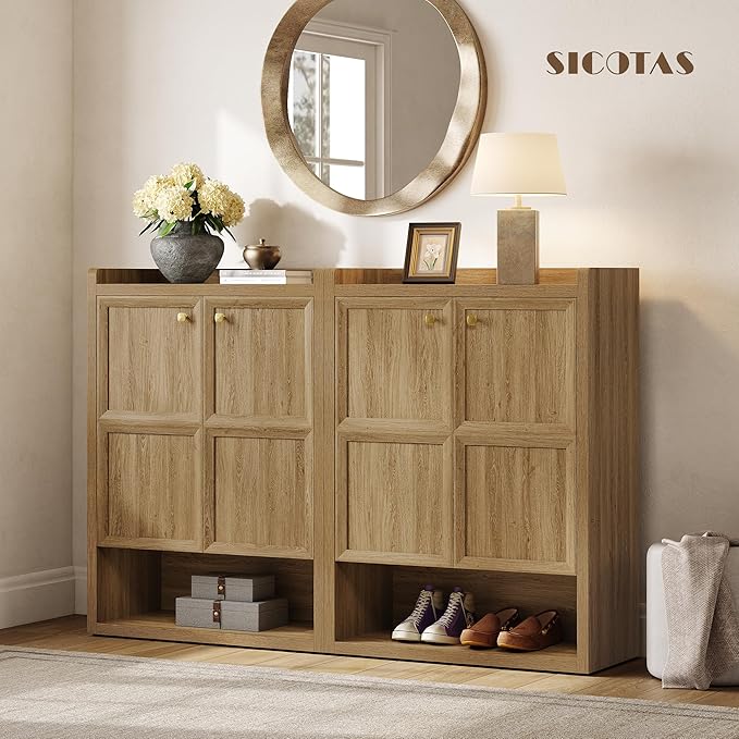 SICOTAS Shoe Cabinet Storage for Entryway - 72-Pair Shoe Cabinets with Doors and Adjustable Shelves, Modern Large 7-Tier Shoes Storage Cabinet for Mudroom Closet Hallway Living Room, Brown Oak, 3PCS