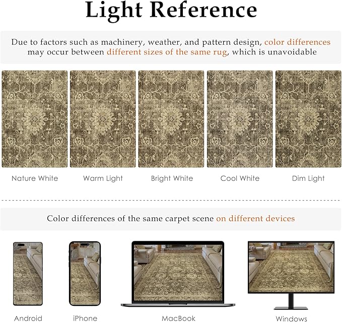 10x12 Brown Vintage Area Rug for Living Room Bedroom Large Distressed Rustic Carpet Non-Slip Low Pile Lightweight Vacuumable Soft Washable Throw Rug for Indoor Dining Room