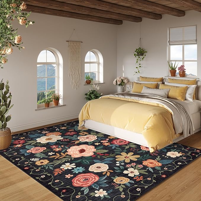 DUKINO 9x12 Area Rug, Floral Rugs for Living Room, Lightweight Non Slip Washable Rug, Indoor Low Pile & Non-Shedding Boho Design Rugs for Bedroom, Living Room, Dining Room, Black