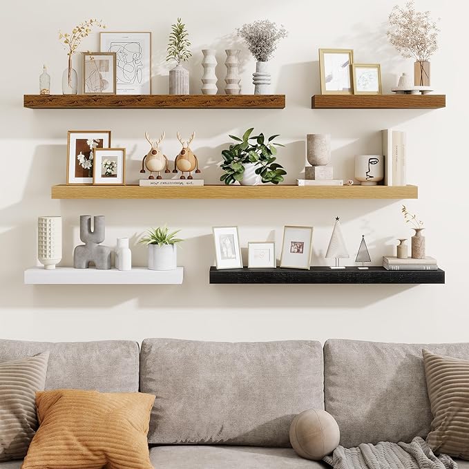 Fun Memories 40 Inch Floating Shelves, Long Wood Wall Shelf Set of 2 with Invisible Brackets, for Bathroom, Living Room, Bedroom, Kitchen, Oak