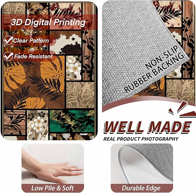 Floral Tropical Patchwork Area Rug 3x5ft, Vintage Black & Brown Country Carpet, Low Pile Non-Slip Mat for Cozy Bedroom, Dining Room, Farmhouse Decor