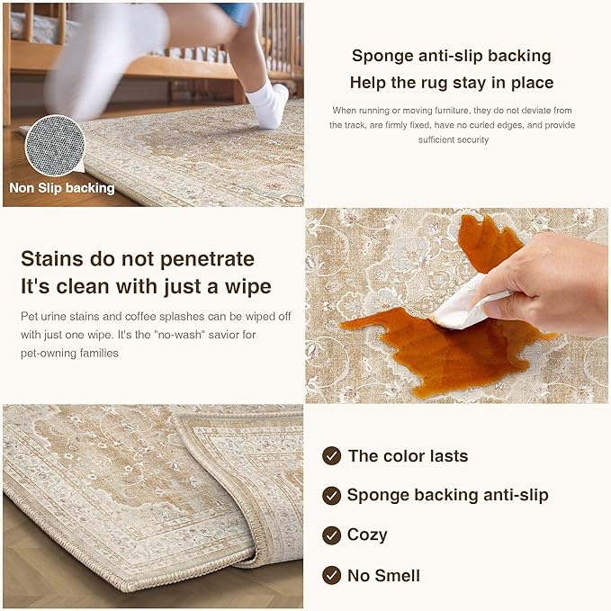 HUGEAR Machine Washable Area Rugs 6x9 Vintage Beige Brown Living Room Bedroom Rug Neutral Style Non Slip Stain Resistant Low Pile Throw Carpet for Home Retro Aesthetic Modern Decor
