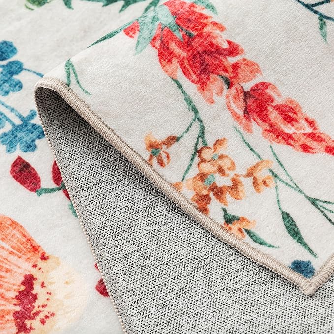 Beige Area Rug 5x7 Floral Washable Living Room Kitchen Boho Carpet Non Slip Low Pile Indoor Accent Lightweight Soft Throw Rug for Bedroom Office Dining Room Nursery Farmhouse
