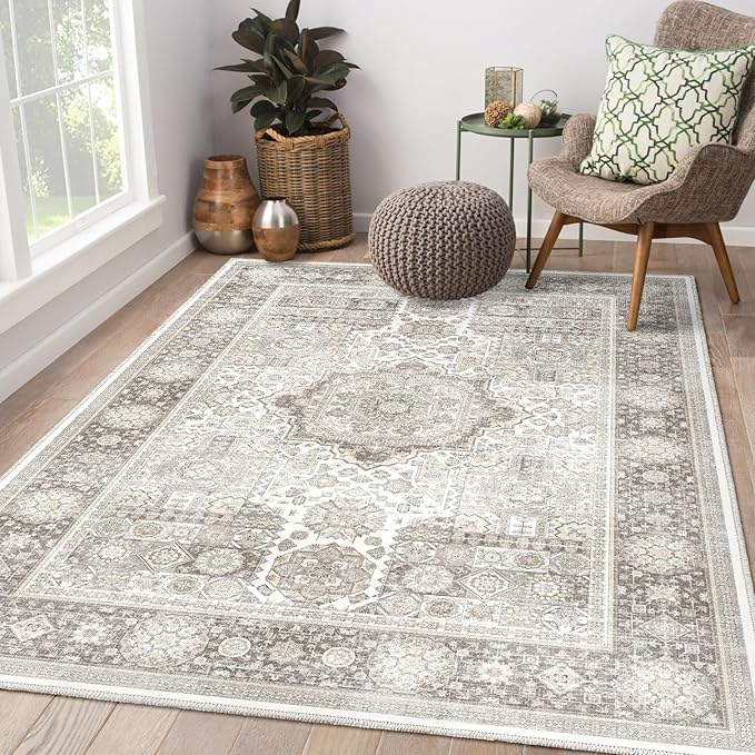 8x10 Rug - Cream & Grey Area Rug - Foldable Non Slip Vintage Rugs for Living Room - Modern Area Rugs 8x10 - Boho Living Room Rugs for Bedroom Dining Room, Distressed Pattern Carpet