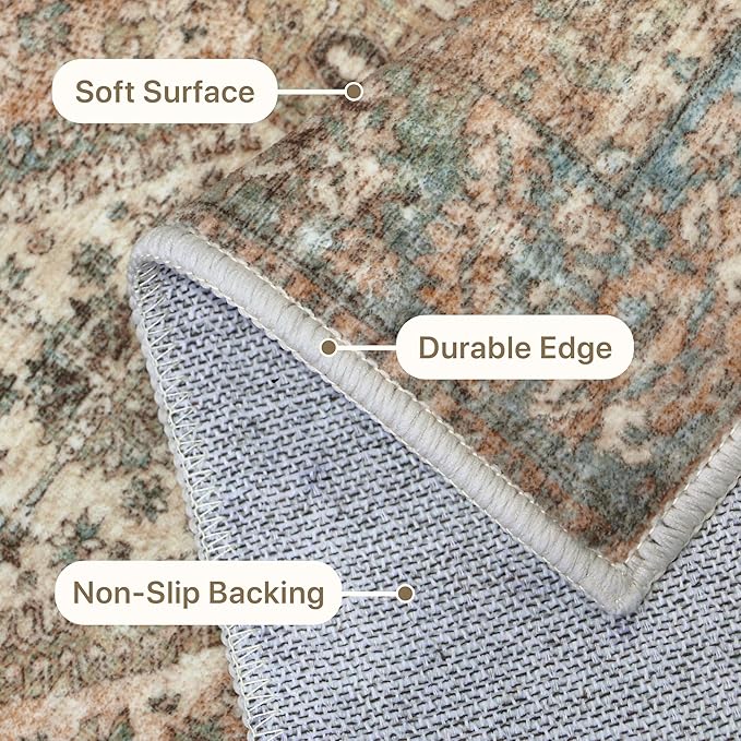 Bavni 8x10 Area Rugs for Living Room, Machine Washable Rug Non Slip, Vintage Chenille Distressed Print Carpet, Large Low Pile Ultra-Thin Lightweight Rugs for Bedroom, Dining Room, Office, Wood Brown