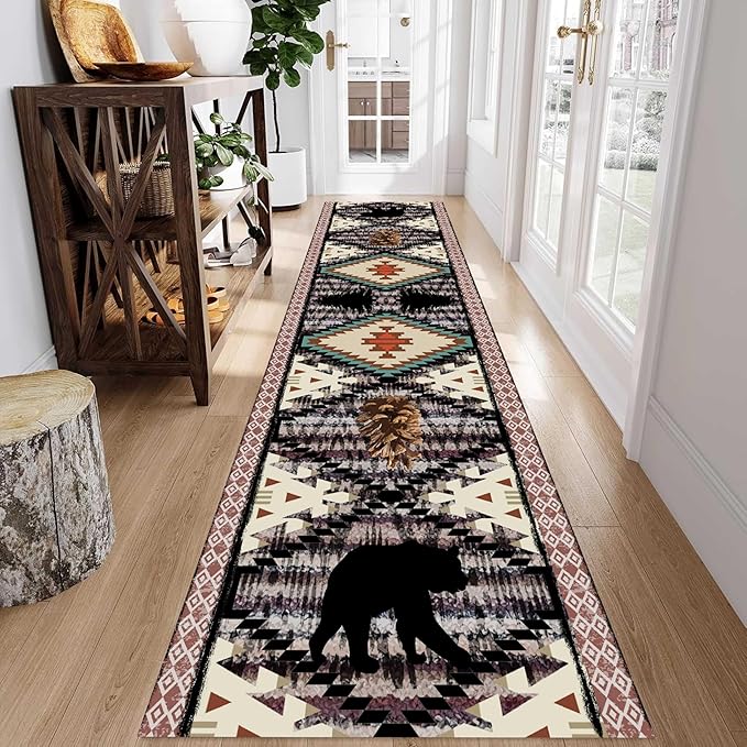 Wild Animal Runner, 2x10ft, Bohemian Southwestern Country Hallway Rug, Bear Pine Cone Long Runner, Comfortable Breathable Vintage Rug for Kitchen Dining Room Office