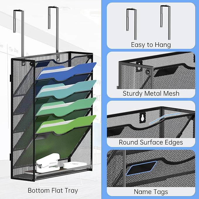Kuntine.B Wall File Organizer Office Hanging Magazine Holder Wall File Organizer for Office Home (Black, 6 Tier & Hangers)