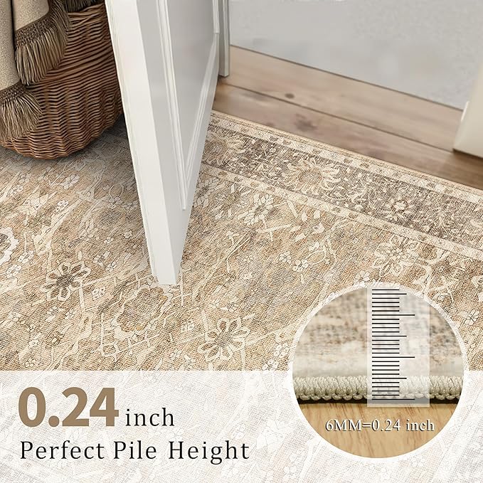 6x9 Beige Washable Rug for Living Room Large Vintage Distressed Bedroom Rug Low Pile Non-Slip Soft Boho Carpets for Bedroom Dining Room Home Office Indoor Nursery