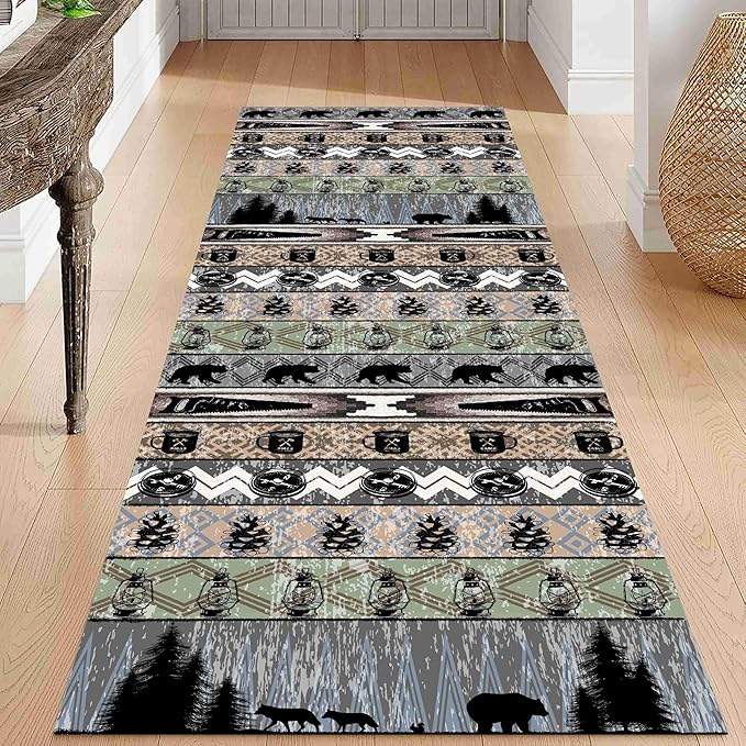 Bear Rug for Runner Rug, 2.6x7ft, Rustic Black Bear Wood Saw Compass Pine Oil Lamp Pattern Long Runner Rug, Camping Theme Multi-Color Stitching Non-Slip Floor Carpet, Cabin Style Home Decoration