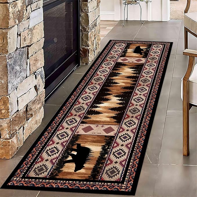 Rustic Cabin Bear Runner Rug, 2x8ft, Native American Long Runner Rug, Wildlife Black Bear Forest Hallway Rug, Vintage Brown Non-Slip Washable Southwestern Style Rug for Entry Kitchen