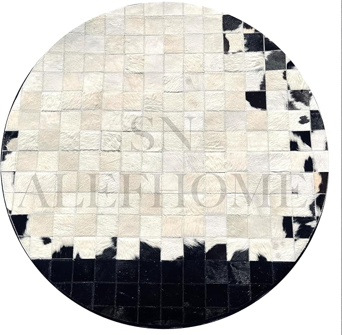 Round Geometric Patchwork Cowhide Leather Area Rug (4×4 ft) – Non-Slip Modern Faux Cowhide Carpet for Living Room, Bedroom, Kids Playroom, Lounge, Office & Home Decor (Black & White)