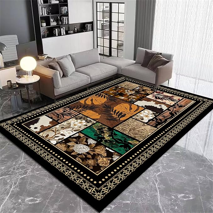 Floral Tropical Patchwork Area Rug 3x5ft, Vintage Black & Brown Country Carpet, Low Pile Non-Slip Mat for Cozy Bedroom, Dining Room, Farmhouse Decor