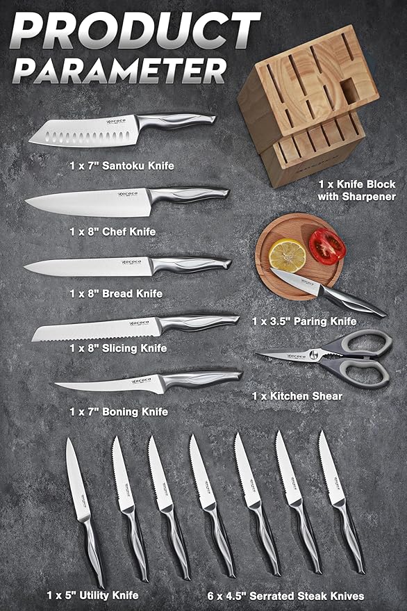 ROCOCO Kitchen Block Knife Set - 15 PCS Stainless Steel