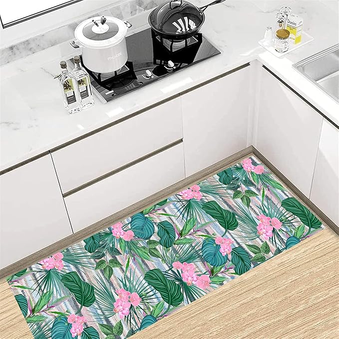 Tropical Runner Rug 2x6 ft - Floral & Leaf Print, Pink Flowers & Greenery - Non-Slip Easy Clean - Hallway, Living Room, Bedroom - Bohemian Watercolor Style