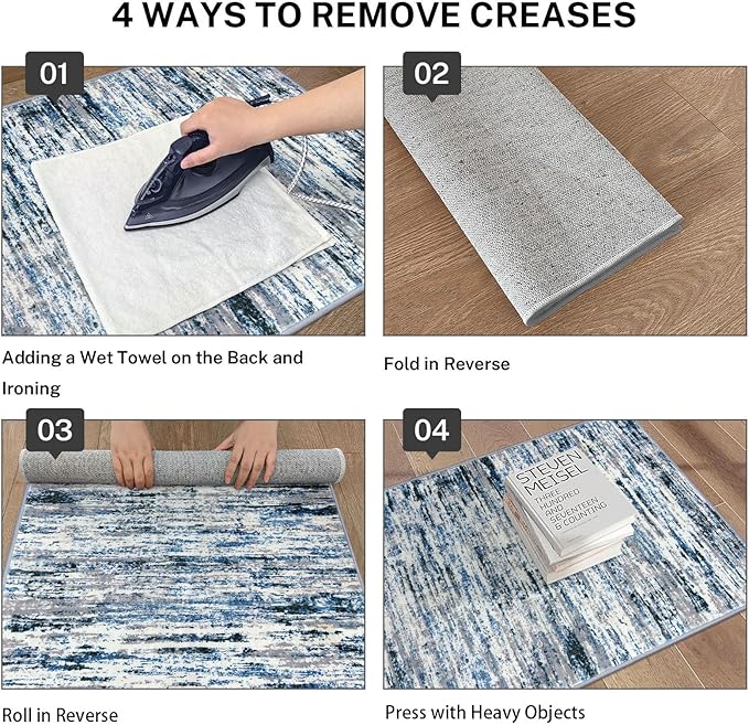 Modern Abstract Runner Rug 2.6x8, Grey Blue White Washable Kitchen Runner Non-Slip Soft Hallway Rug Runner Thin Print Faux Wool Carpet for Entryway Bedroom Laundry Room Indoor Home Decor