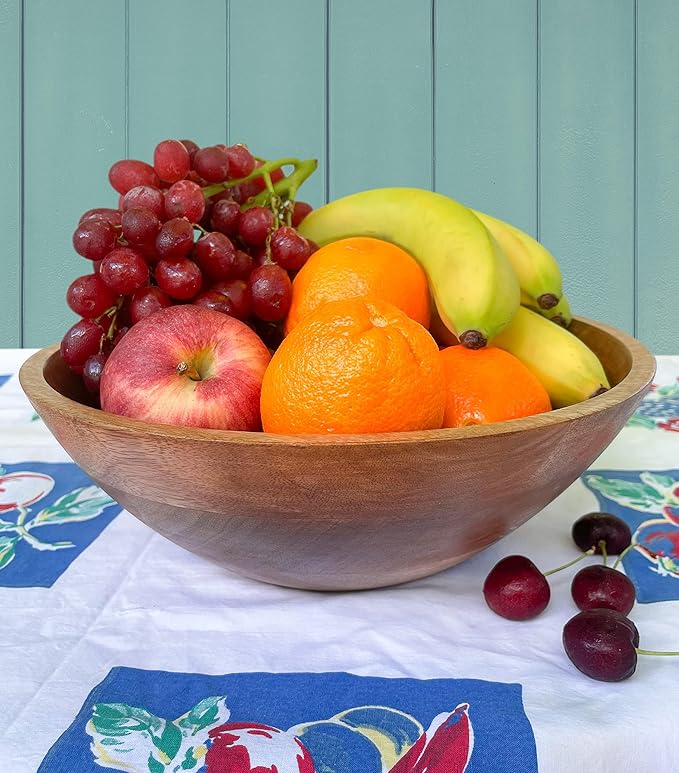 Large Wooden Salad Bowl 11.5 Inches with Serving Utensils, Wooden Fruit Bowl, Mango Wood Bowl Set for Serving, Large Wood Salad Bowl for Family Meals, Pasta, Popcorn, Handcrafted Wooden Serving Bowl