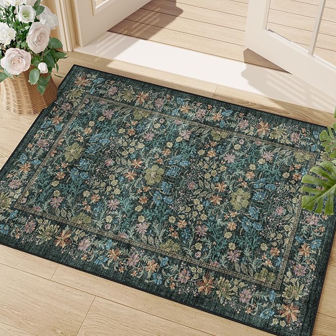 DUKINO 2x3 Entryway Rug, Floral Washable Area Rug with Non Slip Indoor Door Mat, Vintage Low Pile Small Front Door Throw Carpet for Kitchen, Entrance, Bathroom, Bedroom, Blue