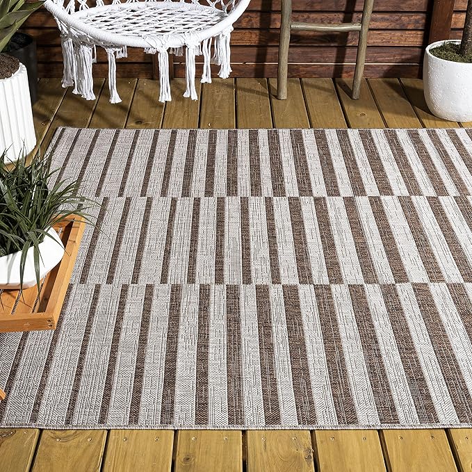 JONATHAN Y Offset Stripe Indoor Outdoor Area Rug 8X10 Beige/Brown, Sukie Modern for Backyard, Patio, Porch, Easy-Cleaning, High Traffic, Pet-Friendly, Non-Shedding (SMB133A-8)