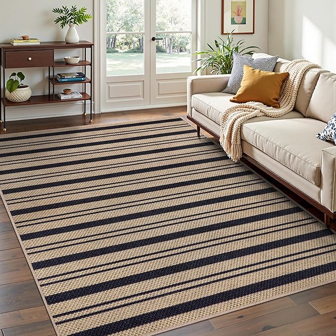 Tangsoo Stripe Easy Jute Rug 4x6 for Paito,Thin Non-Slip Indoor Outdoor Black Door Carpet,Washable Farmhouse Throw Mat for Front Porch Kitchen Bedroom Foyer
