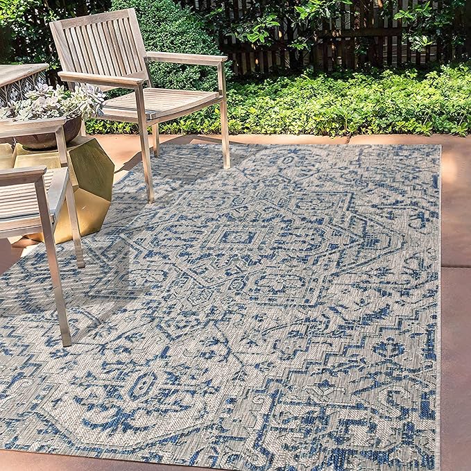 JONATHAN Y Boho Medallion Indoor Outdoor Area Rug 8X10 Navy/Gray, Estrella Textured Weave for Backyard, Patio, Porch, Easy-Cleaning, High Traffic, Pet-Friendly, Non-Shedding (SMB105B-8)