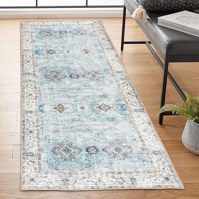 ReaLife Rugs Machine Washable Area Rug Runner - Living Room Bedroom Bathroom Kitchen Entryway Office - Padded Low Pile Stain Resistant Premium - Boho Farmhouse Vintage - BEV - Blue Ivory 2'6" x 6'