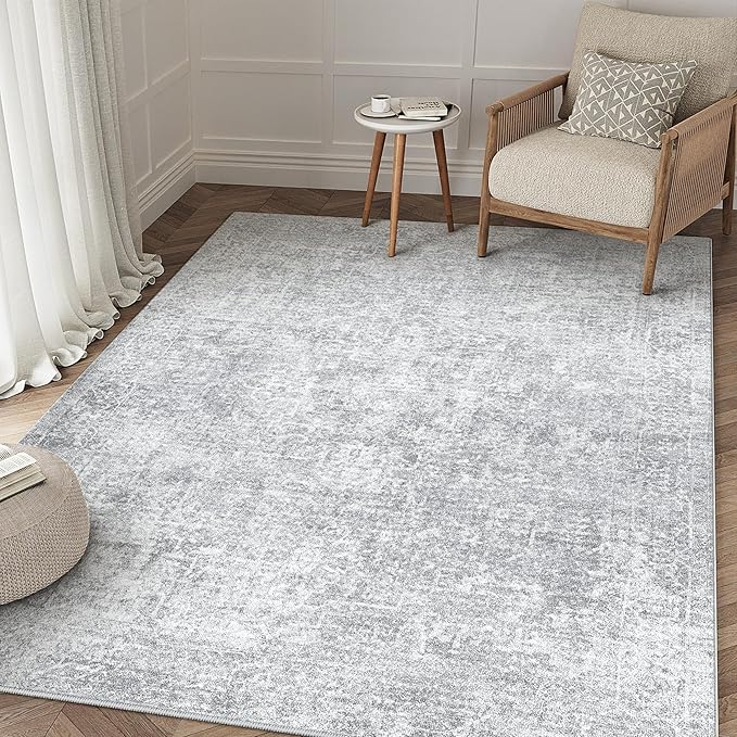 4x6 Area Rug Washable Vintage Entryway Living Room Carpet Indoor Office Non Slip Grey Entrance Distressed Low Pile Retro Accent Throw Rug for Dining Room Bathroom Bedroom Laundry
