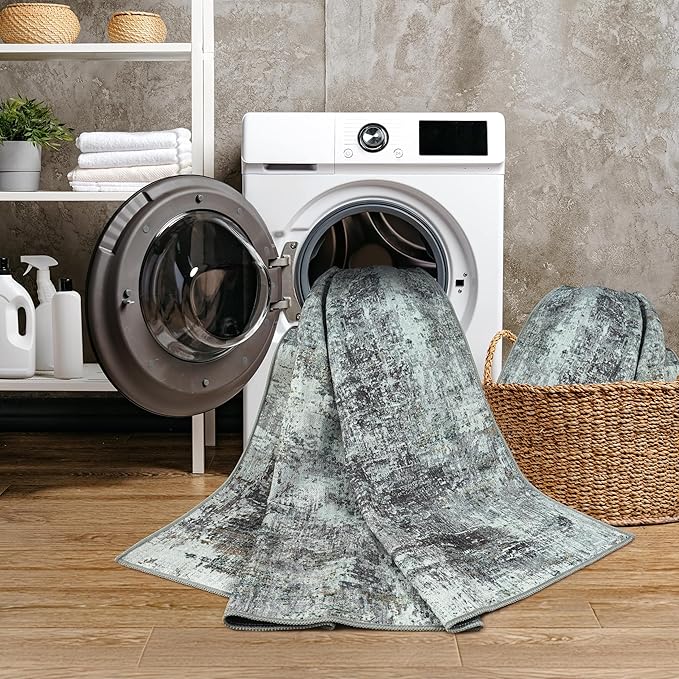 GLN Rugs Contemporary Collection - Machine Washable Area Rug, Contemporary Washable, Non Slip, Low Pile Chenille Rug, Living Room, Bedroom, Kitchen Rug (2'6" x 10' Grey/Green)