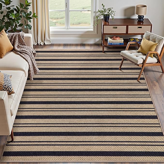 Tangsoo Stripe Easy Jute Rug 4x6 for Paito,Thin Non-Slip Indoor Outdoor Black Door Carpet,Washable Farmhouse Throw Mat for Front Porch Kitchen Bedroom Foyer