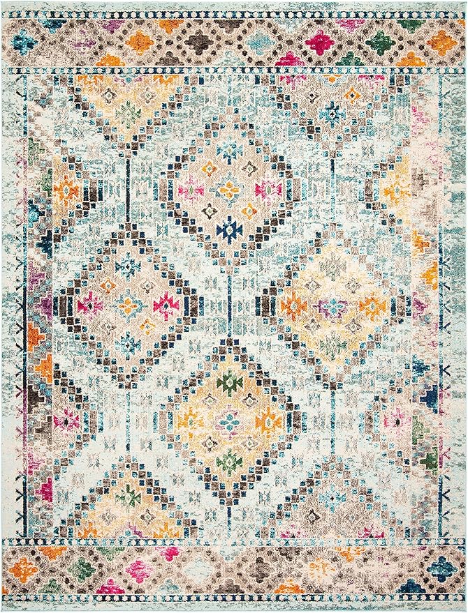 SAFAVIEH Madison Collection Area Rug - 9' x 12', Blue & Yellow, Boho Diamond Distressed Design, Non-Shedding & Easy Care, Ideal for High Traffic Areas in Living Room, Bedroom (MAD418K)