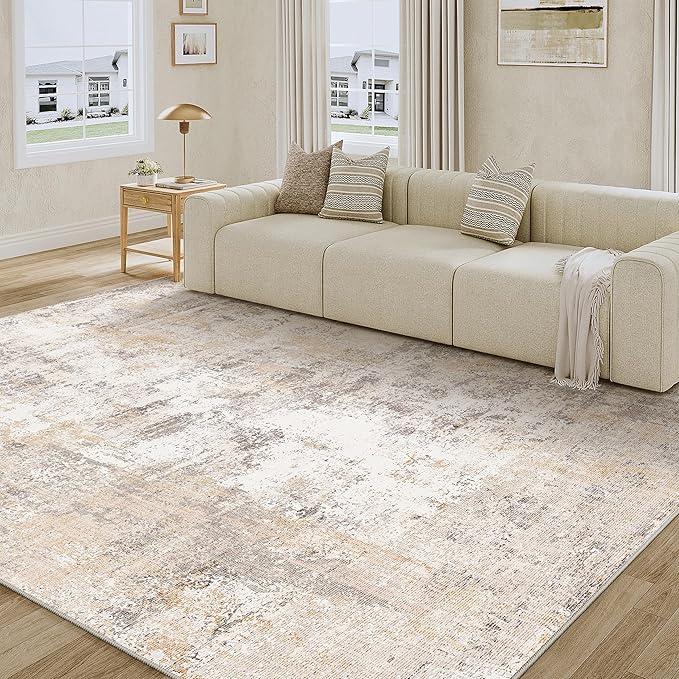 6x9 Washable Area Rug Beige Grey Abstract Living Room Bedroom Throw Rug Neutral Modern Non Slip Soft Medium Pile Indoor Carpet for Dining Room Office Entryway