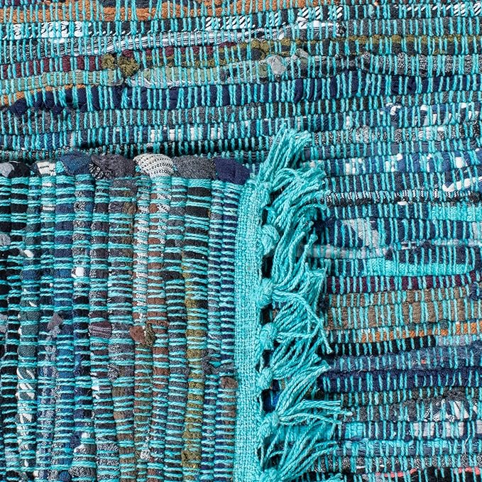 SAFAVIEH Rag Rug Collection Runner Rug - 2'3" x 7', Blue & Multi, Handmade Boho Stripe Cotton, Ideal for High Traffic Areas in Living Room, Bedroom (RAR121B)
