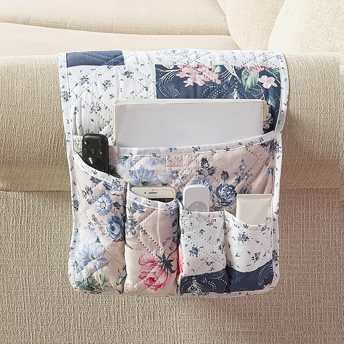 Brilliant Sunshine Roses in Beige Couch Sofa Armrest 5 Pockets Organizer, Slip Resistant Recliner Armchair Caddy, Washable Remote Controls Holder, Storage for Magazine, Phone, 35×13", Vintage Indigo