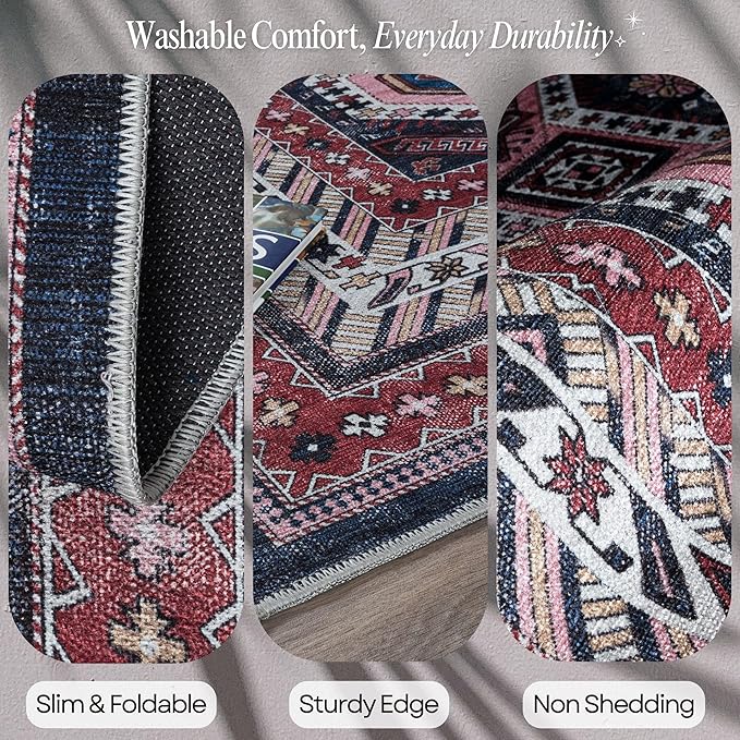 Fame Rugs Turkish Rug. Washable Vintage Oriental Antique Inspired Traditional Doormat Small Modern Area Rugs Luxury Entryway Entry Bedroom Bathroom Kitchen (400RN, 2'5 x 13'1)